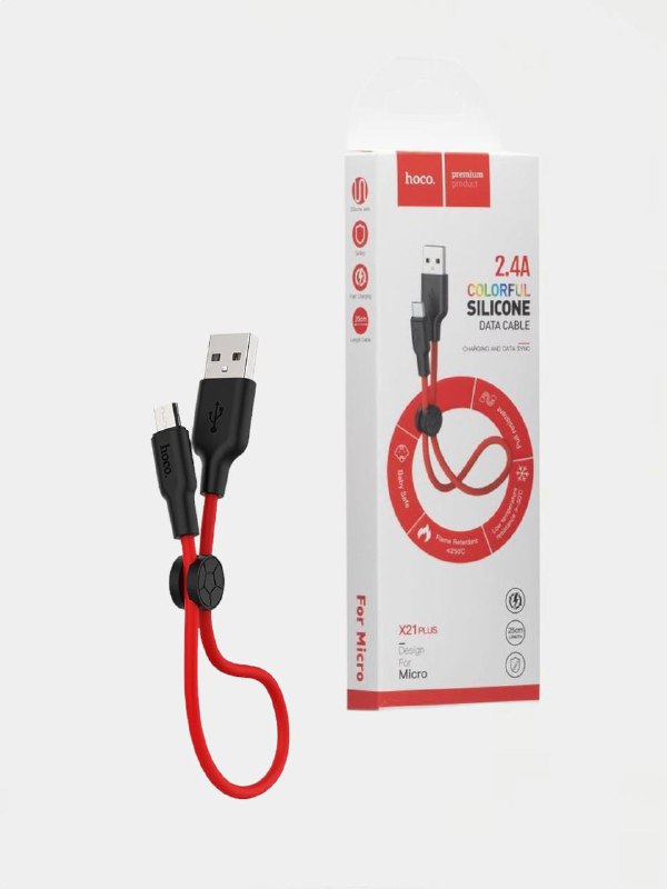 Кабель USB micro Hoco X21 Plus ТЕРМОСИЛИКОН 25 см 2.4A красный